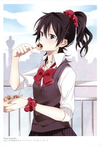 Anime picture 2406x3475 with original hatsuko single long hair tall image looking at viewer highres black hair ponytail black eyes scan eating girl uniform school uniform