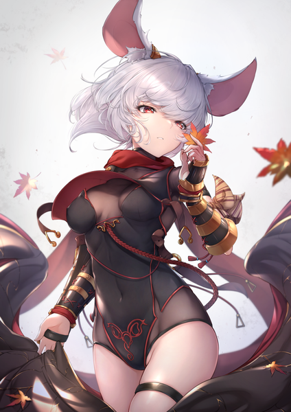 Anime picture 955x1351 with original yue ying jin feng single tall image fringe short hair breasts light erotic simple background hair between eyes red eyes standing holding animal ears looking away silver hair parted lips gradient background covered navel skindentation
