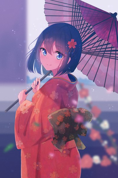 Anime picture 900x1350 with original hyakunin momoko single tall image looking at viewer fringe short hair blue eyes black hair hair between eyes standing traditional clothes japanese clothes looking back hair flower blurry wide sleeves depth of field floral print new year