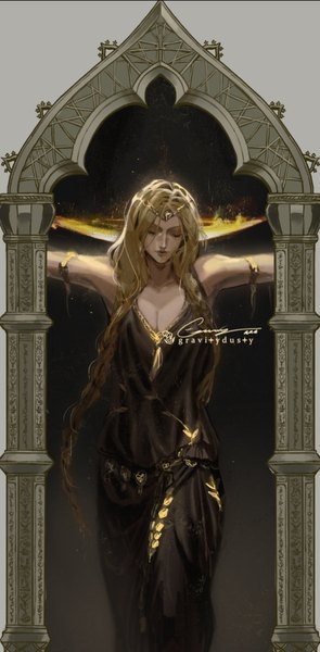 Anime picture 1080x2194 with elden ring queen marika the eternal gravitydusty single long hair tall image breasts blonde hair standing signed cleavage braid (braids) eyes closed twin braids spread arms girl dress black dress circlet