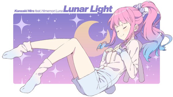 Anime-Bild 1200x675 mit virtual youtuber hololive himemori luna kanzaki hiro single long hair smile wide image signed payot pink hair full body ponytail eyes closed official art no shoes character names gradient hair crescent girl