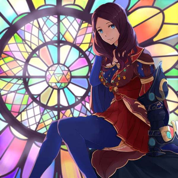 Anime picture 900x900 with fate (series) fate/grand order type-moon leonardo da vinci (fate) hsin single long hair looking at viewer breasts blue eyes smile brown hair sitting bent knee (knees) parted lips zettai ryouiki adjusting hair girl thighhighs armor