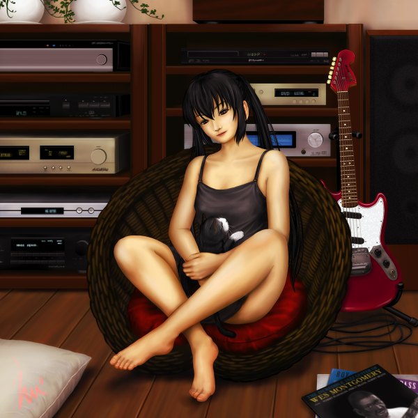 Anime picture 1200x1200 with k-on! kyoto animation nakano azusa ebi (eeotoko) black hair sitting twintails brown eyes realistic girl animal cat musical instrument guitar