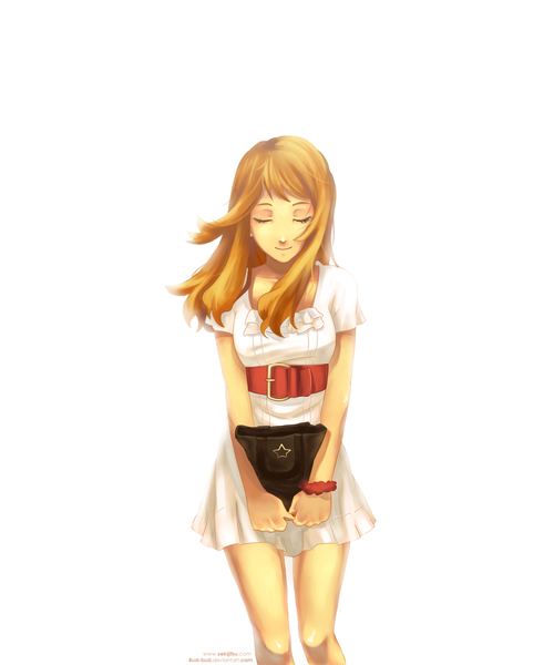 Anime picture 1250x1500 with ano hi mita hana no namae wo bokutachi wa mada shiranai a-1 pictures anjou naruko bud-bud single long hair tall image smile white background eyes closed orange hair girl dress belt