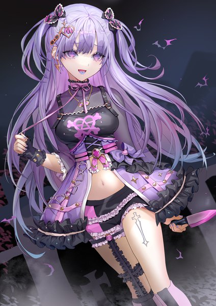 Anime picture 1240x1754 with original lloule single long hair tall image looking at viewer fringe breasts open mouth standing purple eyes holding purple hair outdoors blunt bangs nail polish fingernails night two side up piercing