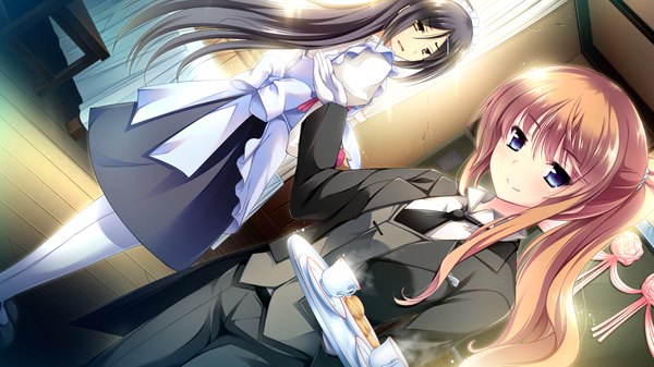 Anime picture 1628x916 with ojousama wa gokigen naname naname nanami long hair blue eyes black hair brown hair wide image yellow eyes game cg ponytail maid otoko no ko butler girl boy headdress maid headdress