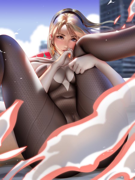 Anime-Bild 3000x4000 mit marvel comics spider-man (series) spider-man: into the spider-verse gwen stacy spider-gwen liang xing single tall image looking at viewer fringe highres short hair breasts blue eyes light erotic blonde hair sitting sky cloud (clouds) bent knee (knees)