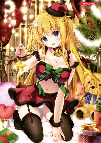 Anime picture 2398x3405 with melonbooks kino (kino konomi) single long hair tall image blush highres breasts open mouth blue eyes light erotic blonde hair head tilt scan sparkle midriff no shoes glowing bell collar girl