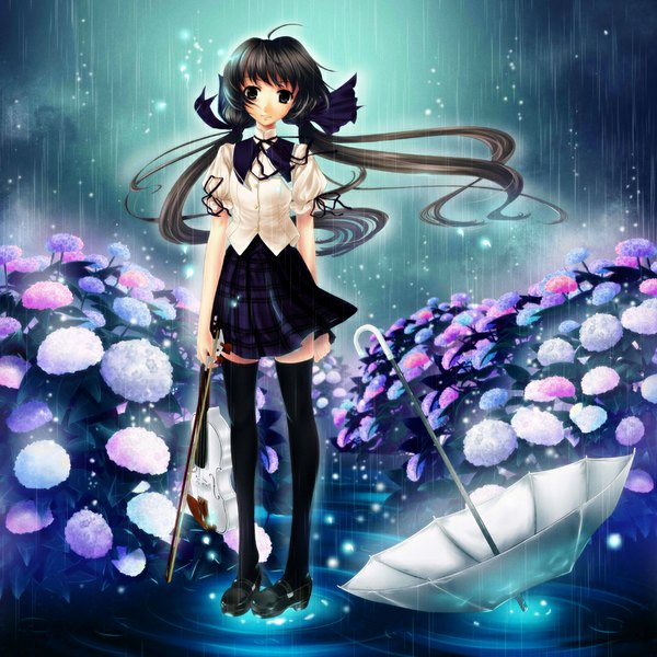 Anime picture 1000x1000 with rail (silverbow) single long hair looking at viewer black hair twintails black eyes zettai ryouiki rain girl thighhighs skirt uniform flower (flowers) bow black thighhighs hair bow school uniform shirt water