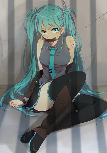 Anime picture 700x1000 with vocaloid hatsune miku karuha single tall image blush twintails very long hair aqua eyes aqua hair bondage girl detached sleeves miniskirt necktie thigh boots