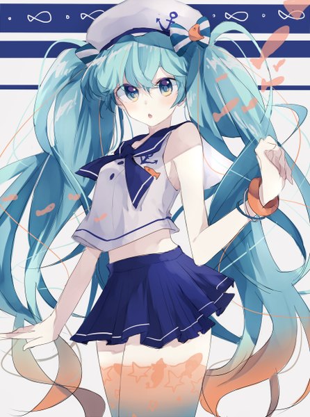 Anime picture 900x1211 with vocaloid hatsune miku marine miku kako (kaxko) single long hair tall image looking at viewer blush fringe open mouth twintails aqua eyes aqua hair girl thighhighs bow hair bow bracelet beret