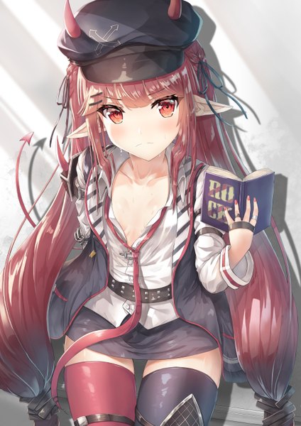 Anime picture 992x1403 with arknights vigna (arknights) synn032 single long hair tall image looking at viewer blush fringe light erotic simple background hair between eyes red eyes sitting holding red hair tail blunt bangs nail polish horn (horns)