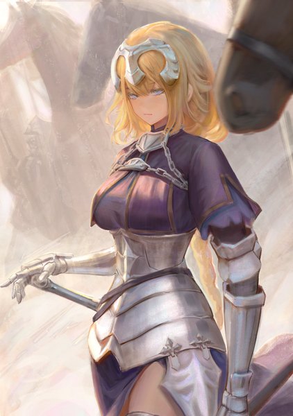 Anime picture 1125x1598 with fate (series) jeanne d'arc (fate) (all) jeanne d'arc (fate) homajor single long hair tall image looking at viewer fringe blue eyes blonde hair hair between eyes standing outdoors braid (braids) long sleeves arm up single braid girl animal