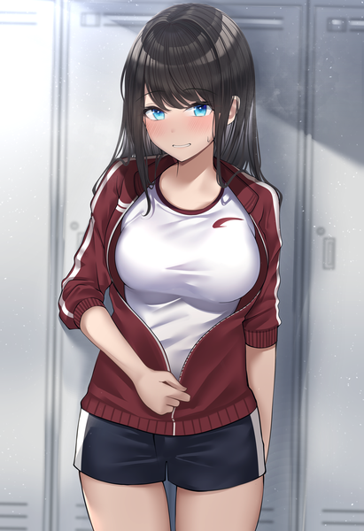 Anime picture 3119x4550 with original kaku yone single long hair tall image looking at viewer blush fringe highres breasts blue eyes black hair large breasts standing absurdres indoors blunt bangs sweatdrop undressing partially open clothes