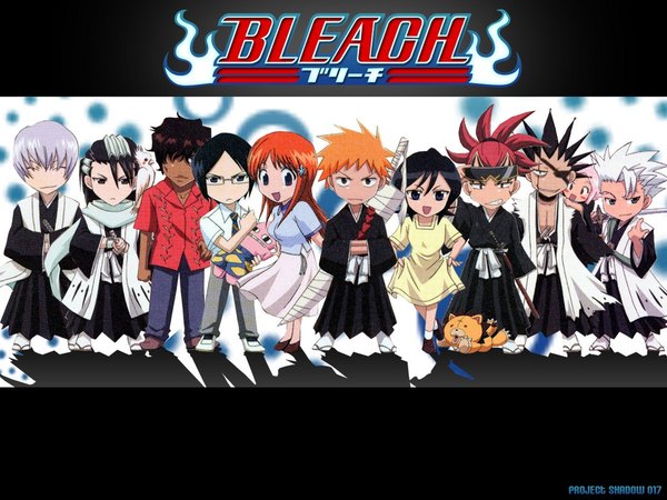 Anime picture 1024x768 with bleach studio pierrot kurosaki ichigo kuchiki rukia inoue orihime hitsugaya toushirou kuchiki byakuya abarai renji ichimaru gin zaraki kenpachi ishida uryuu kon kusajishi yachiru sado yasutora long hair looking at viewer fringe short hair open mouth black hair