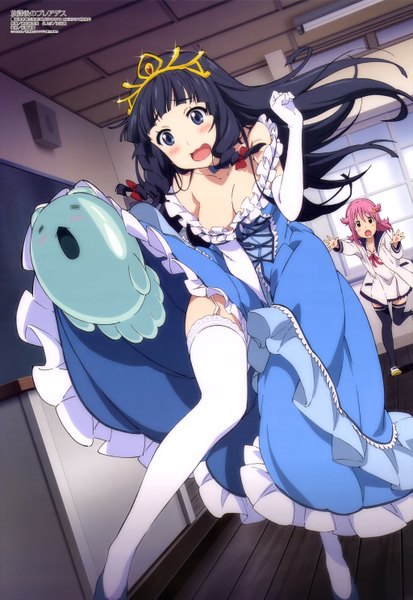 Anime picture 4094x5945 with houkago no pleiades megami magazine subaru (houkago no pleiades) itsuki (houkago no pleiades) minakata manami long hair tall image blush highres open mouth blue eyes light erotic black hair multiple girls pink hair absurdres official art girl thighhighs dress