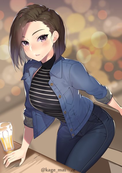 Anime picture 1447x2046 with original kagematsuri single tall image looking at viewer blush fringe short hair breasts brown hair standing purple eyes signed parted lips mole open jacket leaning leaning forward twitter username lens flare