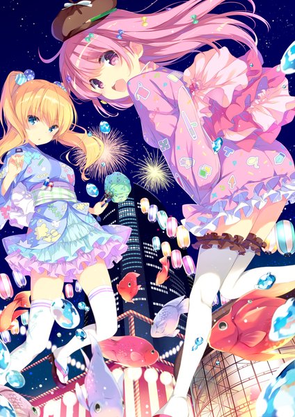 Anime picture 800x1131 with original ohara tometa long hair tall image open mouth blue eyes blonde hair twintails multiple girls pink hair pink eyes night fireworks girl thighhighs 2 girls animal white thighhighs frills fish (fishes)
