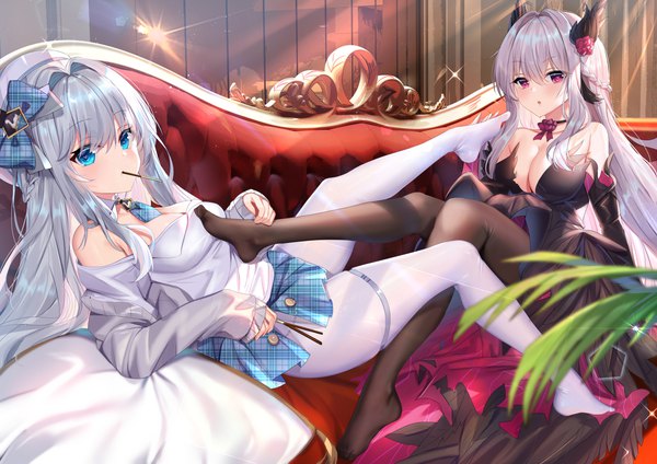 Anime picture 6877x4862 with black surge night shanguier long hair looking at viewer blush fringe highres breasts open mouth blue eyes light erotic hair between eyes large breasts multiple girls holding absurdres silver hair full body bent knee (knees) long sleeves
