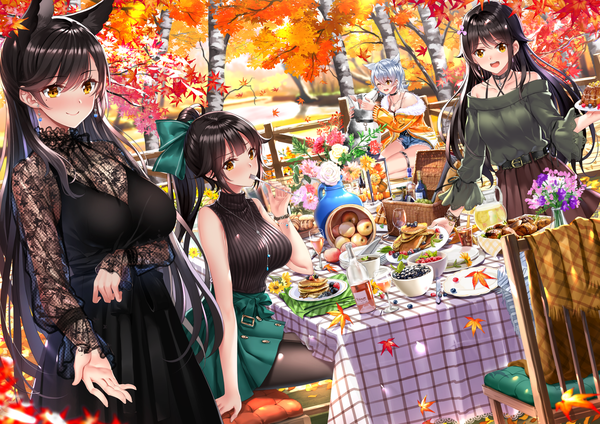 Anime picture 2084x1474 with azur lane atago (azur lane) kaga (azur lane) choukai (azur lane) maya (azur lane) swordsouls long hair looking at viewer blush fringe highres breasts open mouth black hair smile hair between eyes large breasts standing sitting bare shoulders