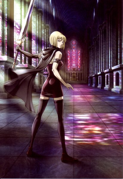 Anime picture 3118x4535 with claymore madhouse clare (claymore) single tall image highres short hair blonde hair bare shoulders brown eyes absurdres looking back girl thighhighs weapon black thighhighs sword window cape