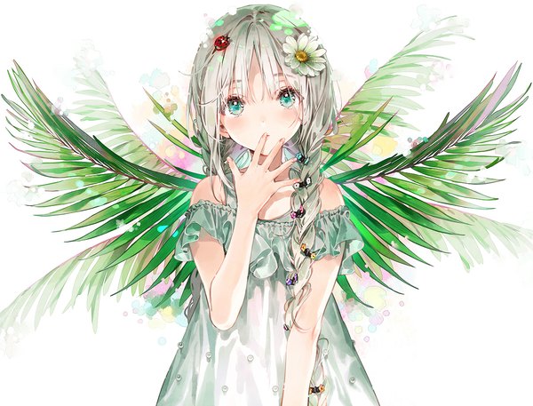 Anime picture 1200x913 with original dsmile single long hair looking at viewer blush fringe simple background standing white background bare shoulders silver hair upper body braid (braids) hair flower aqua eyes off shoulder twin braids hand to mouth girl