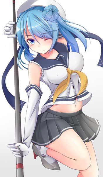 Anime picture 1300x2219 with kantai collection urakaze destroyer doyachii single tall image blush short hair blue eyes light erotic white background blue hair one eye closed wink hair bun (hair buns) girl skirt gloves miniskirt elbow gloves white gloves