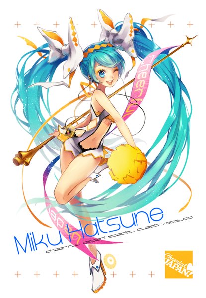 Anime picture 2864x4137 with vocaloid hatsune miku siting zeng single long hair tall image highres open mouth twintails one eye closed aqua eyes wink aqua hair girl navel bow hair bow