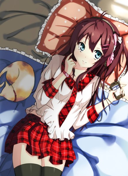 Anime picture 2050x2822 with original haihovothan single long hair tall image looking at viewer highres blue eyes smile brown hair lying pleated skirt from above sunlight plaid skirt girl thighhighs skirt hair ornament black thighhighs