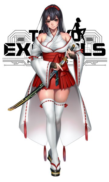 イラスト 720x1200 と tokyo exe girls 柾見ちえ ソロ 長髪 長身像 カメラ目線 前髪 黒髪 笑顔 白背景 全身 ポニーテール traditional clothes 和服 black eyes inscription 仕事絵 絶対領域 copyright name nontraditional miko