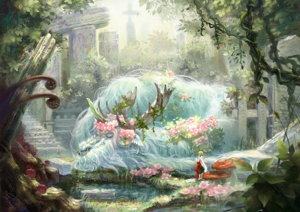 Anime picture 1100x778 with original miyai haruki single short hair blonde hair standing twintails barefoot low twintails ruins girl flower (flowers) plant (plants) animal tree (trees) water grass cross mushroom (mushrooms)