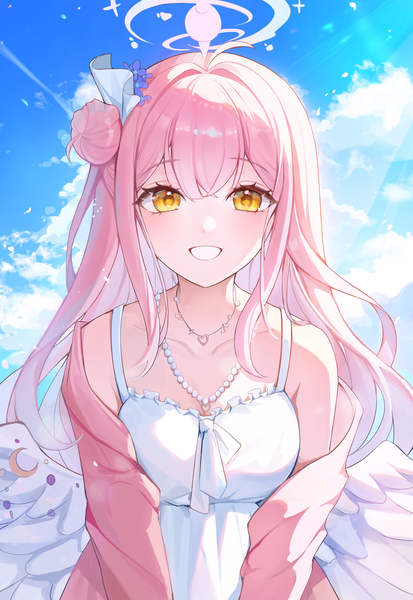 Anime picture 2992x4344 with blue archive mika (blue archive) youwon0417 single long hair tall image looking at viewer blush fringe highres smile yellow eyes pink hair sky cloud (clouds) upper body blunt bangs off shoulder open jacket teeth