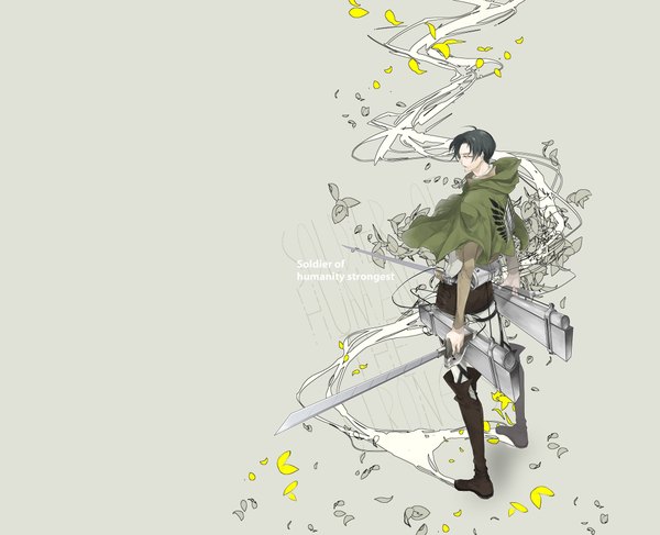 Anime picture 2212x1797 with shingeki no kyojin production i.g levi (rivaille) single looking at viewer highres short hair black hair simple background brown eyes open clothes open jacket boy weapon petals sword