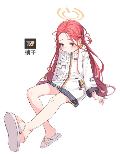 Anime picture 1792x2305 with blue archive yuzu (blue archive) xpsuv single long hair tall image blush highres blue eyes simple background white background sitting full body red hair bare legs loli character names one side up looking down girl