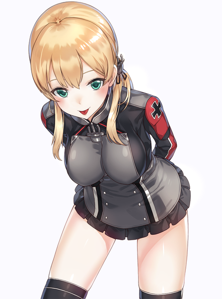 Anime picture 797x1070 with kantai collection prinz eugen (kantai collection) kfr single long hair tall image blush fringe breasts light erotic simple background blonde hair large breasts white background twintails aqua eyes leaning zettai ryouiki leaning forward low twintails