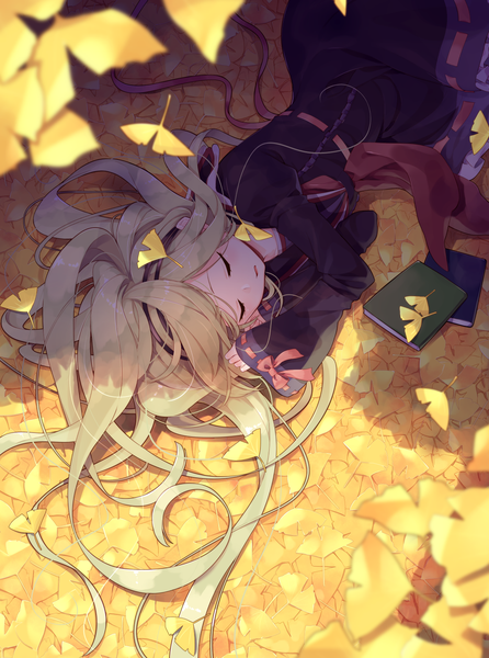 Anime picture 1160x1560 with original sakuragi ren single long hair tall image open mouth blonde hair lying eyes closed sleeping girl dress hairband book (books) leaf (leaves) autumn leaves ginkgo