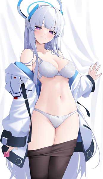 Anime picture 2600x4500 with blue archive noa (blue archive) z.taiga single long hair tall image looking at viewer blush fringe highres breasts light erotic smile large breasts purple eyes holding cleavage white hair blunt bangs long sleeves