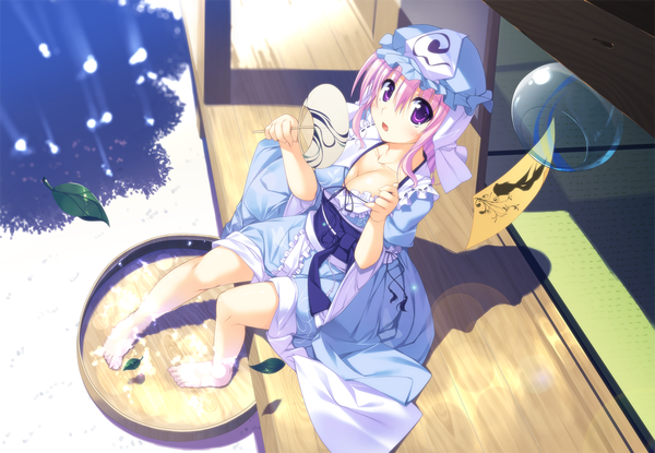Anime picture 1200x831 with touhou saigyouji yuyuko t-ray purple eyes pink hair girl hat water leaf (leaves) fan