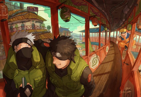 Anime picture 2000x1380 with naruto studio pierrot naruto (series) uzumaki naruto hatake kakashi uchiha obito 006 wa highres short hair open mouth black hair blonde hair smile holding signed silver hair cloud (clouds) outdoors one eye closed looking back