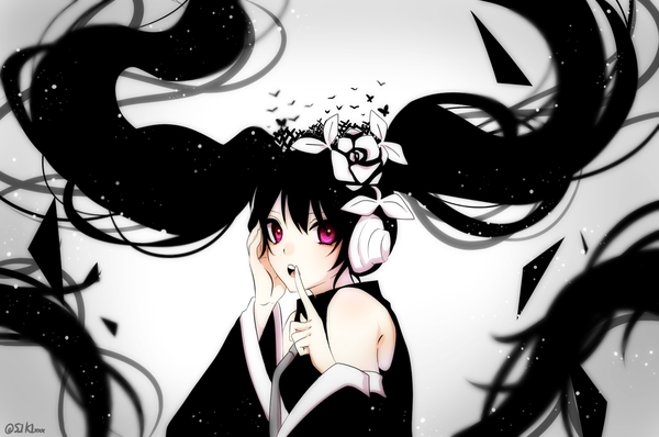 Anime picture 1616x1072 with vocaloid nisoku hokou (vocaloid) hatsune miku shiki (s1k1xxx) single long hair looking at viewer open mouth black hair twintails purple eyes bare shoulders signed hair flower wide sleeves :o twitter username gradient background floating hair finger to mouth