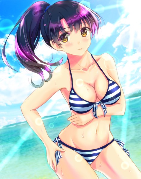 Anime picture 1237x1569 with saenai heroine no sodatekata a-1 pictures katou megumi nori (nori teatime) single long hair tall image looking at viewer blush fringe breasts light erotic black hair hair between eyes large breasts standing bare shoulders yellow eyes sky cleavage