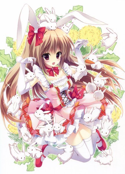 Anime picture 2371x3300 with original eshi 100-nin ten shiramori yuse single long hair tall image looking at viewer blush highres open mouth red eyes brown hair animal ears scan bunny ears animal on head girl thighhighs dress gloves