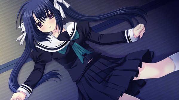 Anime picture 1280x720 with world wide love! (game) long hair blush black hair red eyes wide image twintails game cg girl uniform school uniform