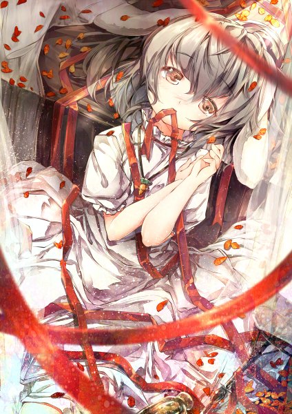 Anime picture 848x1200 with touhou inaba tewi sugiyuu single tall image looking at viewer short hair red eyes animal ears grey hair bunny ears girl dress ribbon (ribbons) petals