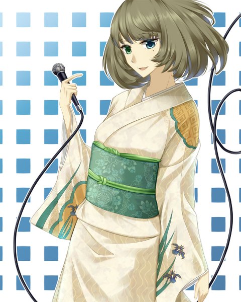 Anime picture 1000x1250 with original karube karu single tall image short hair blue eyes brown hair traditional clothes japanese clothes light smile girl kimono obi microphone