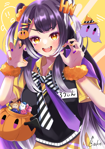 Anime picture 2894x4093 with virtual youtuber nijisanji umise yotsuha lake 0520 single long hair tall image highres open mouth yellow eyes purple hair upper body nail polish :d hair bun (hair buns) two side up halloween ghost claw pose multicolored nail polish