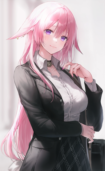 Anime picture 1500x2435 with genshin impact yae miko 2sham single long hair tall image looking at viewer blush fringe breasts hair between eyes standing purple eyes animal ears pink hair nail polish fingernails light smile open clothes alternate costume