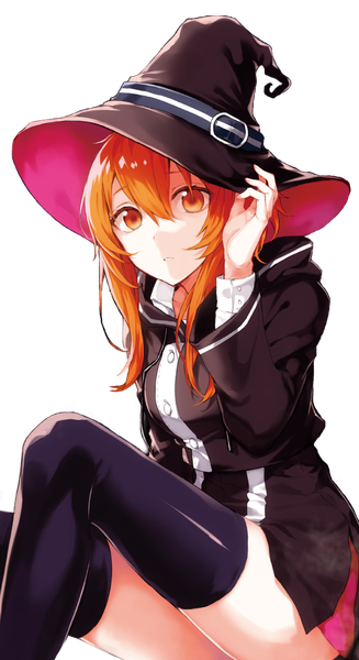 Anime picture 650x1191 with original arisaka ako's witch arisaka ako single long hair tall image looking at viewer fringe white background sitting bent knee (knees) head tilt orange hair halloween transparent background witch girl thighhighs skirt black thighhighs