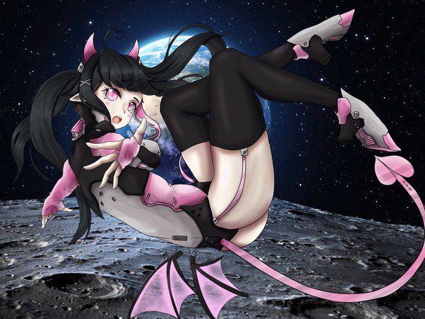 Anime picture 5760x4320 with original rainbow d fox single long hair looking at viewer blush fringe highres open mouth light erotic black hair twintails absurdres full body ahoge bent knee (knees) outdoors ass tail pink eyes