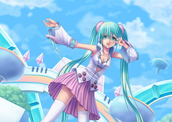 Anime picture 1753x1240 with vocaloid hatsune miku guang yiren single long hair looking at viewer highres open mouth twintails sky cleavage cloud (clouds) aqua eyes aqua hair girl skirt water heart microphone